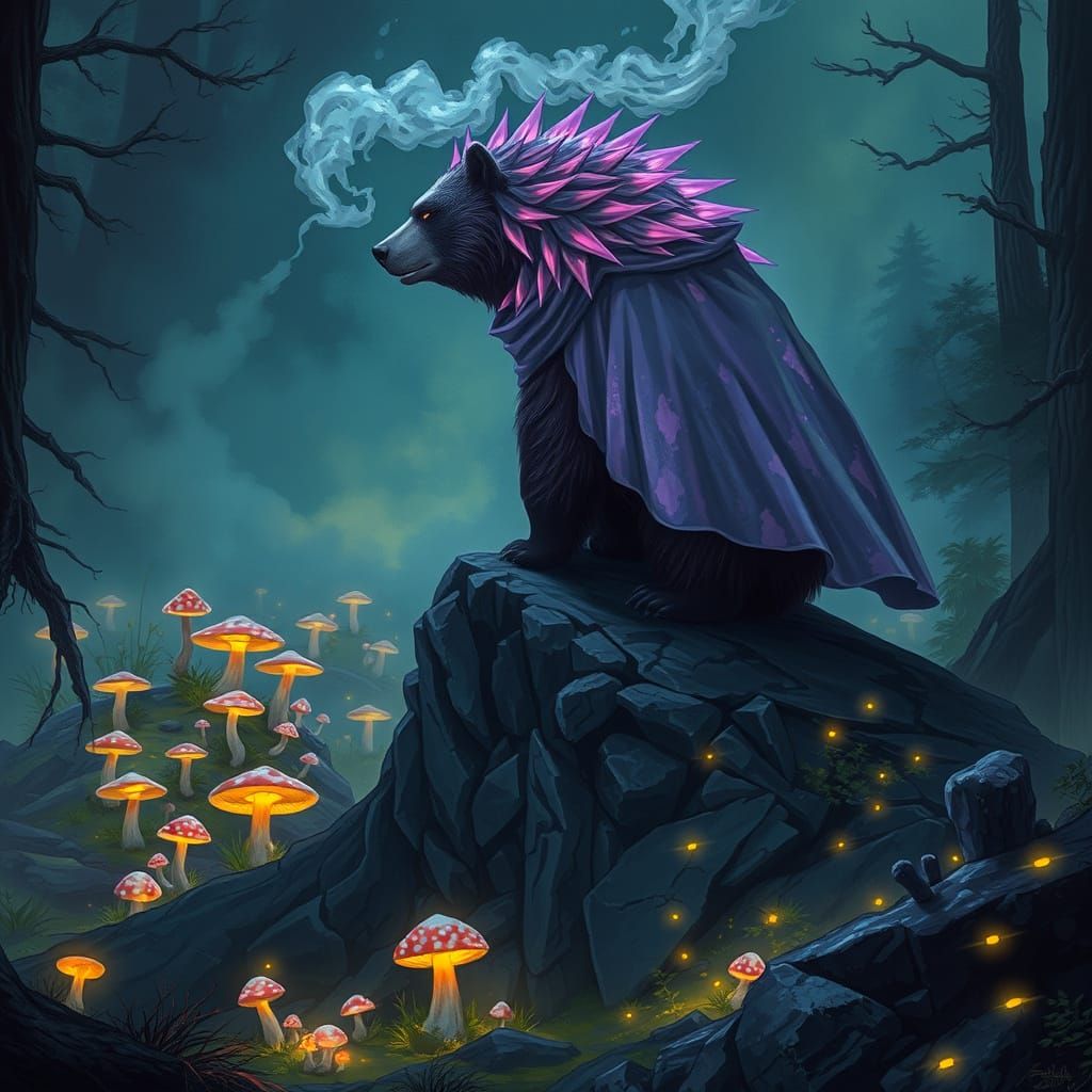 Mystical Amethyst Bear Overlooking Ethereal Swamp