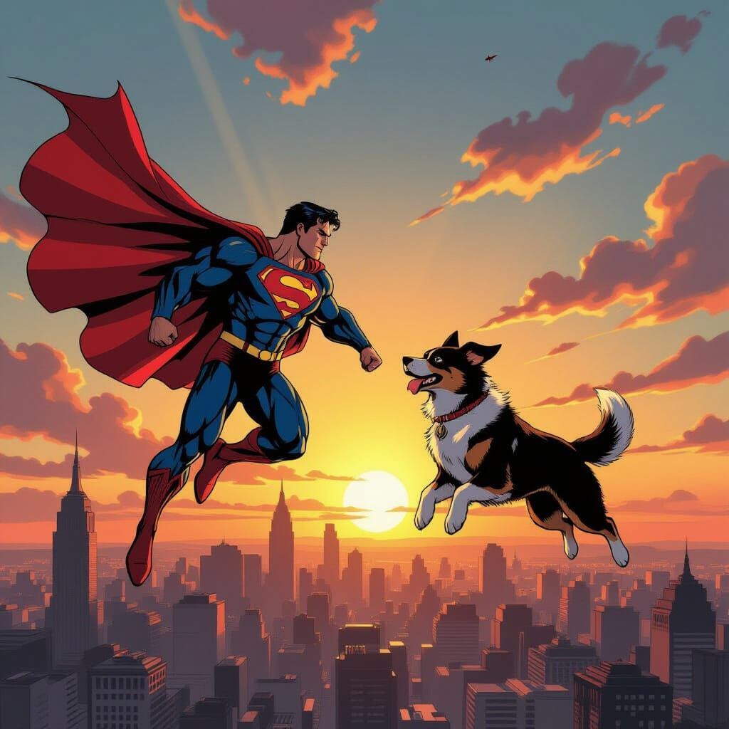 Superman and Krypto Soar Over Cityscape at Sunset