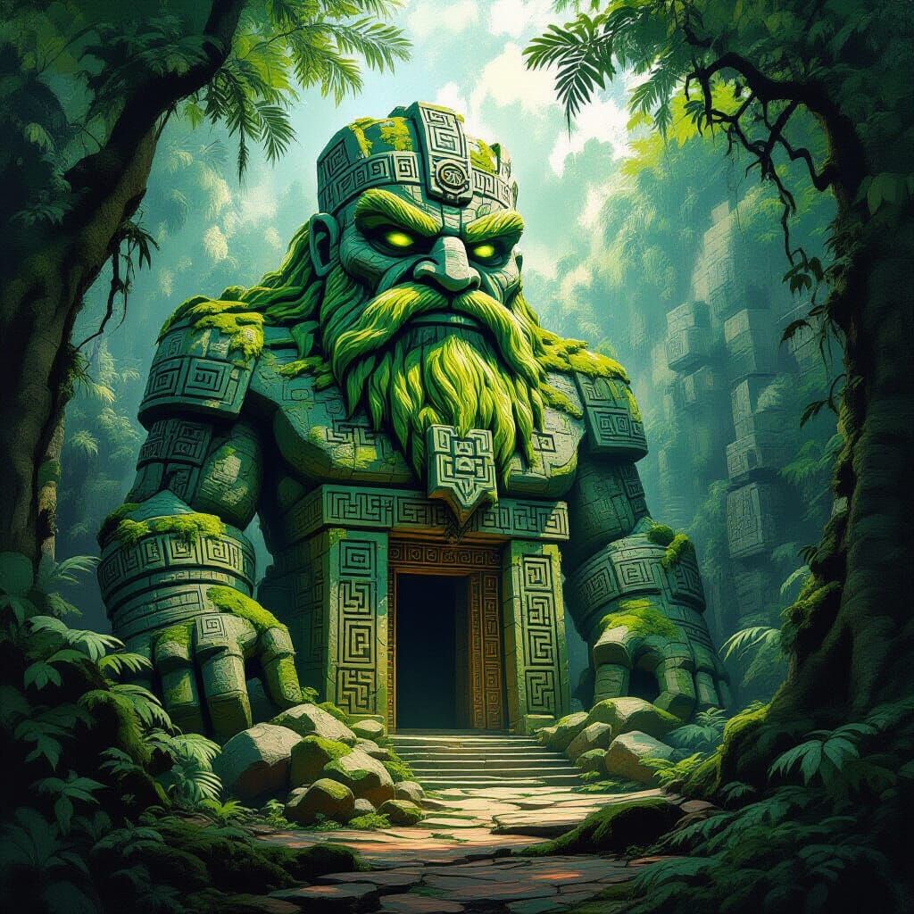 Ancient Jungle Temple Guardians in Post-Impressionist Style
