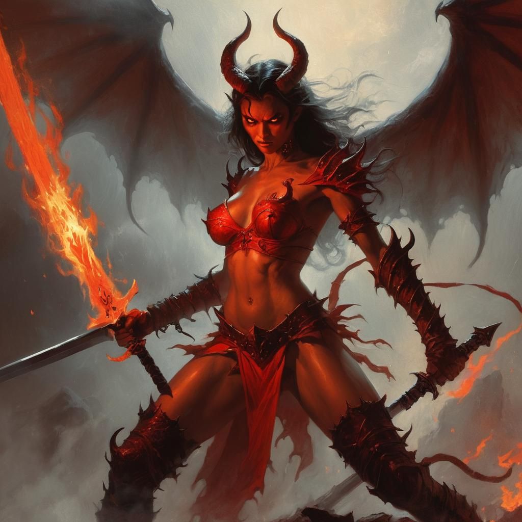 Demonic Female Warrior with Flaming Sword