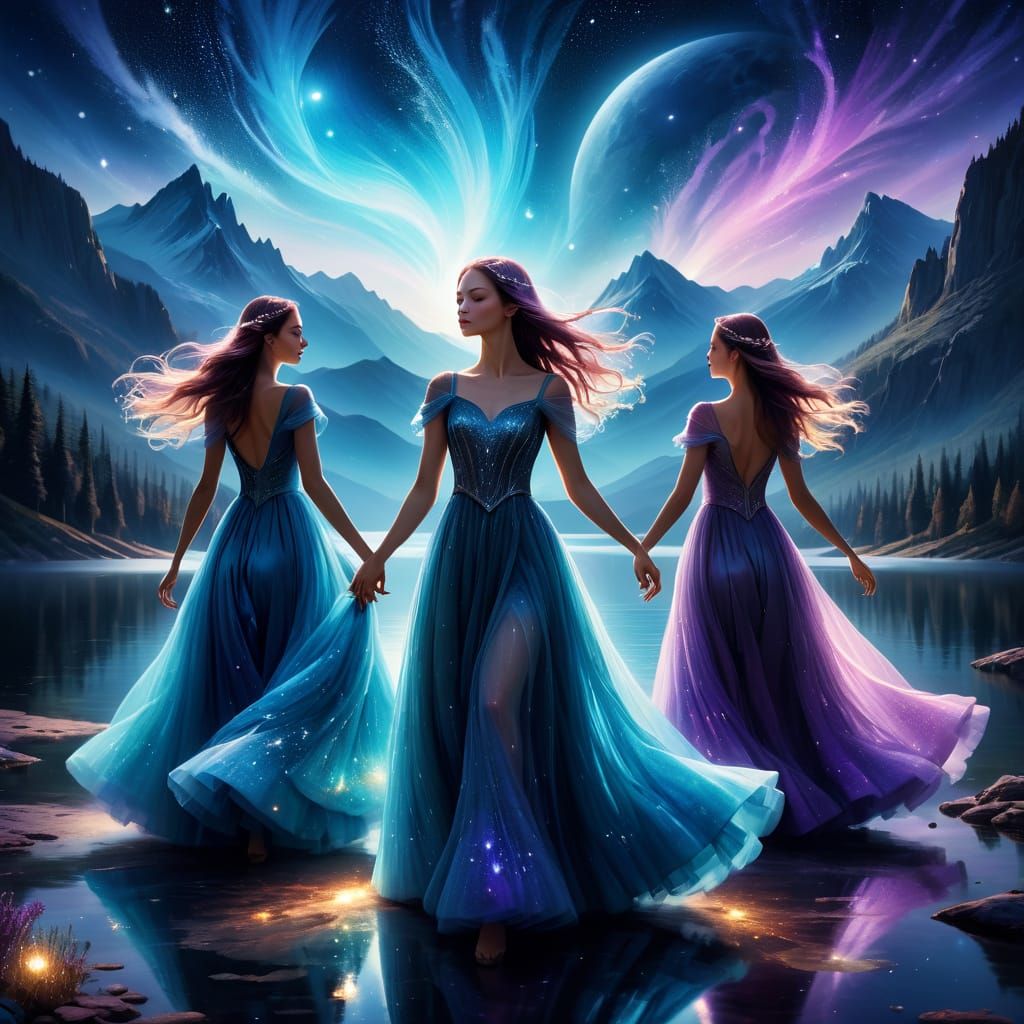 Celestial Ballet of Ethereal Dancers in Iridescent Night Sky