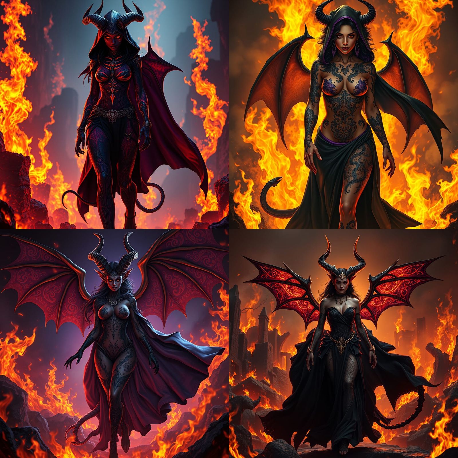 Demonic Beauty Walking Through Hellfire in Dark Fantasy Styl...