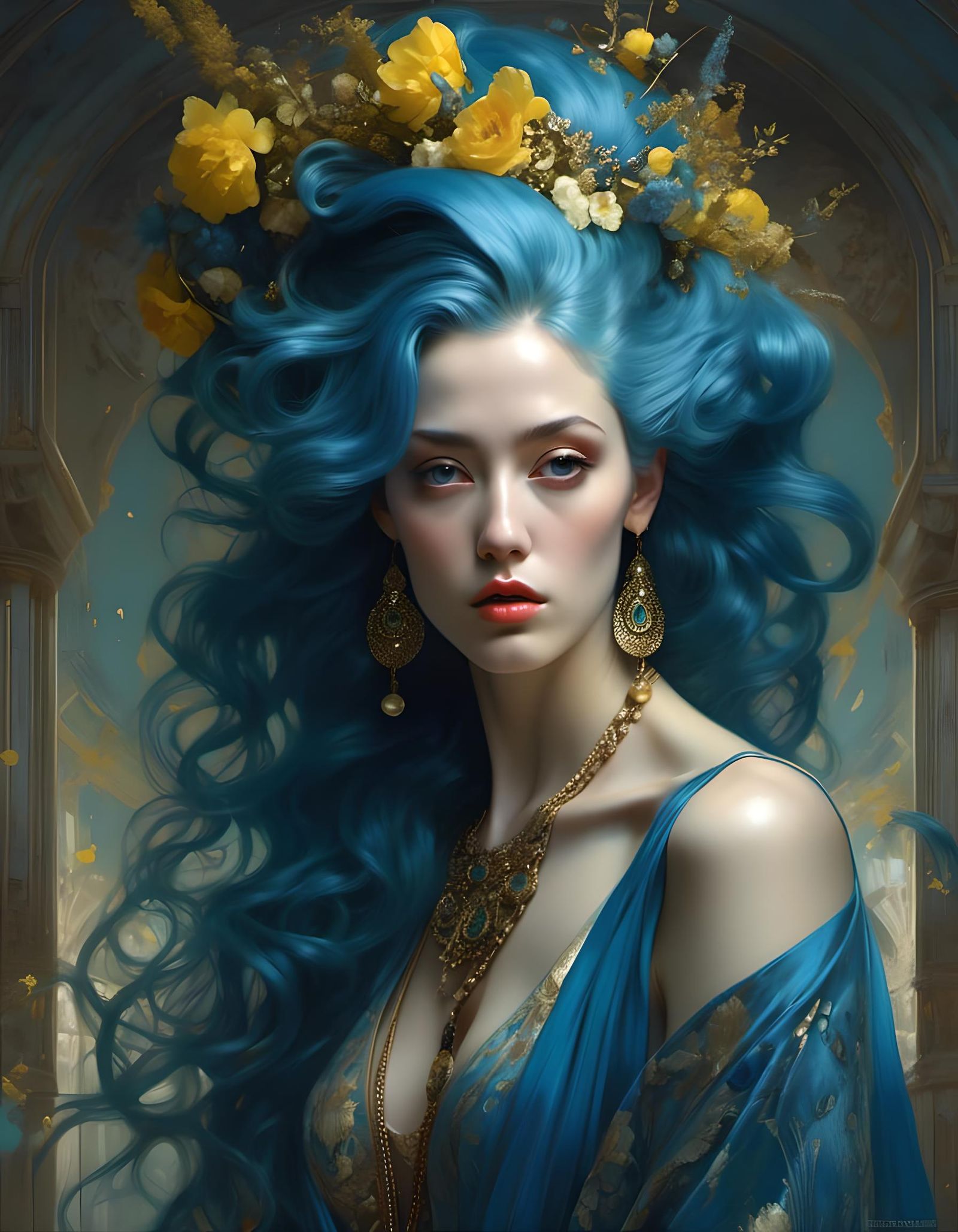 Goddess with Flowing Blue Hair Portrait