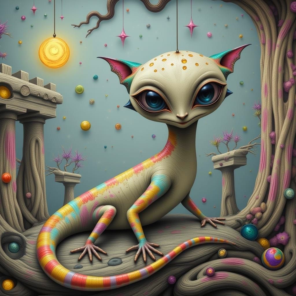 Surreal Whimsical Lizard Painting with Alien and Human Eleme...