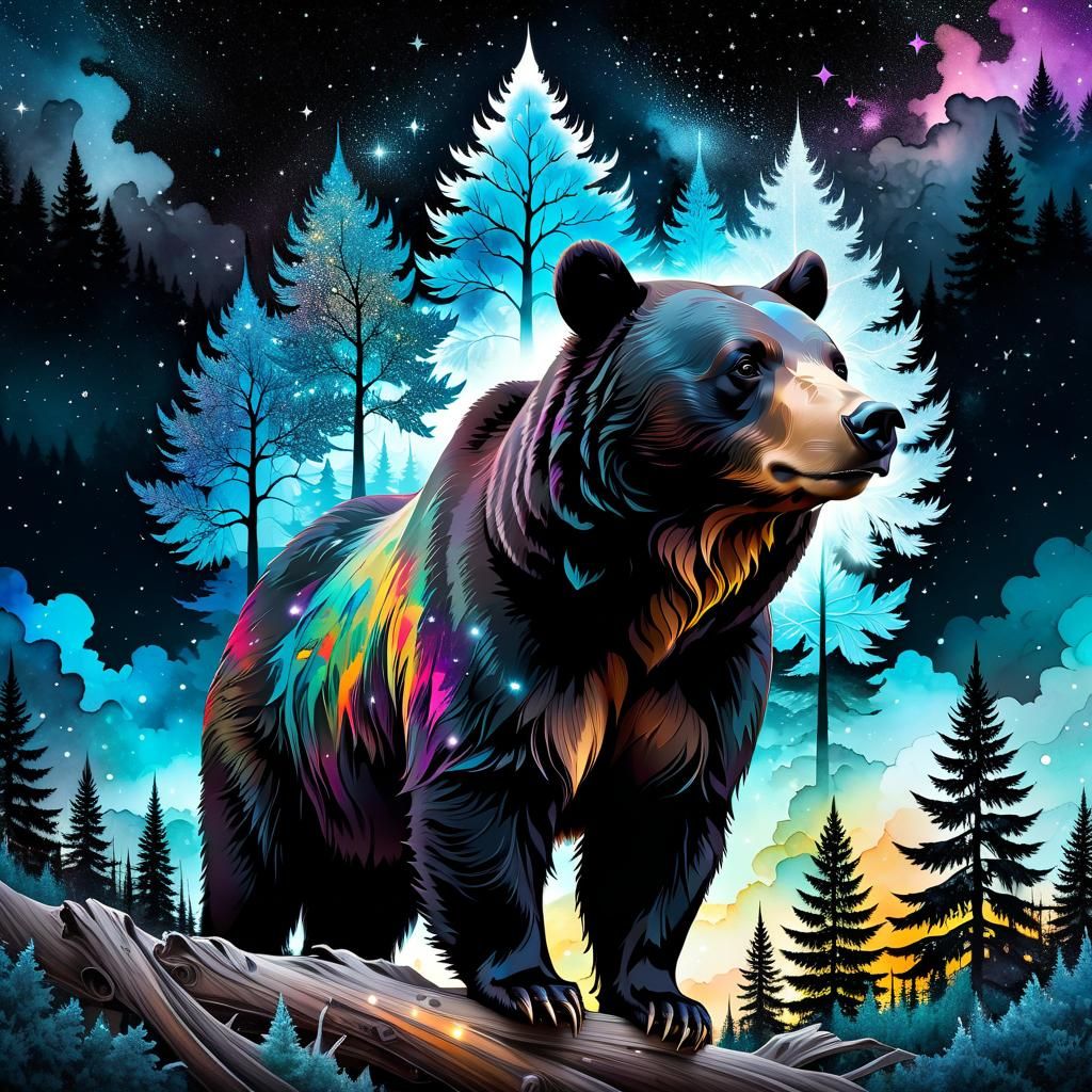 Surreal Black Bear Double Exposure Collage Illustration