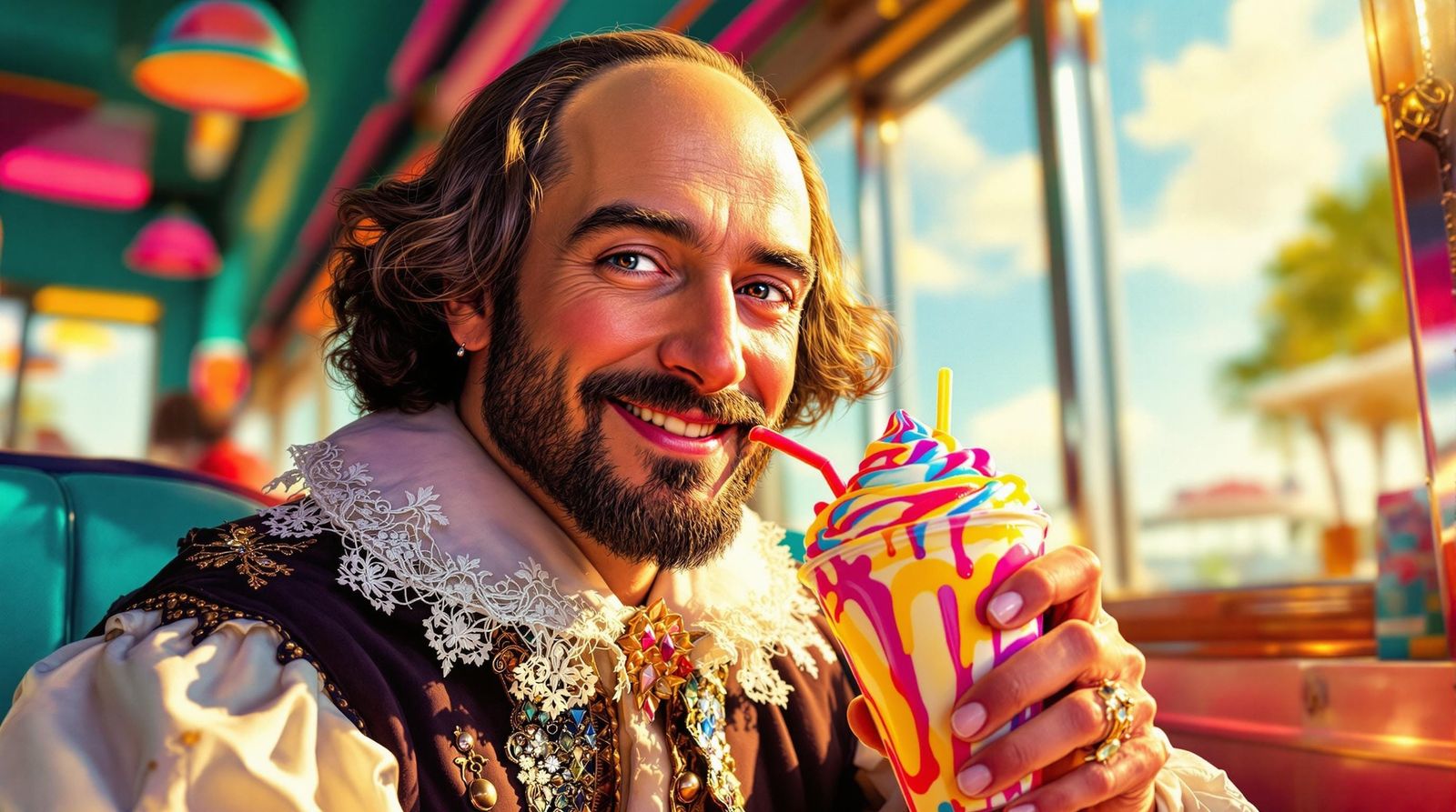 Happy Shakespeare Savoring a Milkshake in Sunny Diner