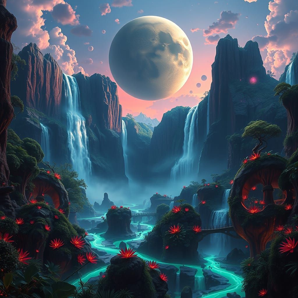 Floating Planet Waterfalls in Neon Jungle Scene