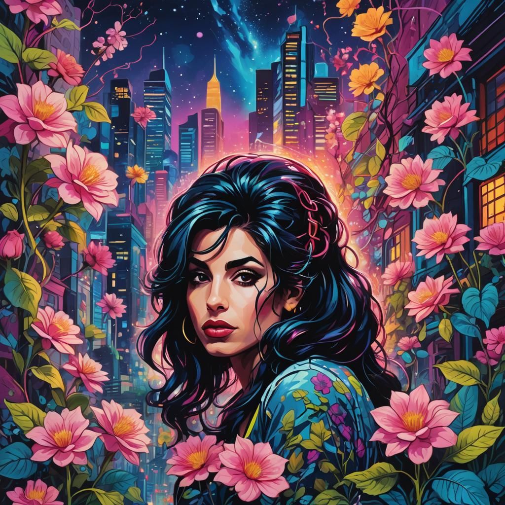 Amy Winehouse in Galaxy Pop Art Cityscape