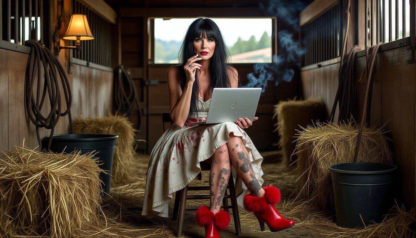 Stern Woman in Stable with Laptop: Realistic Portrait