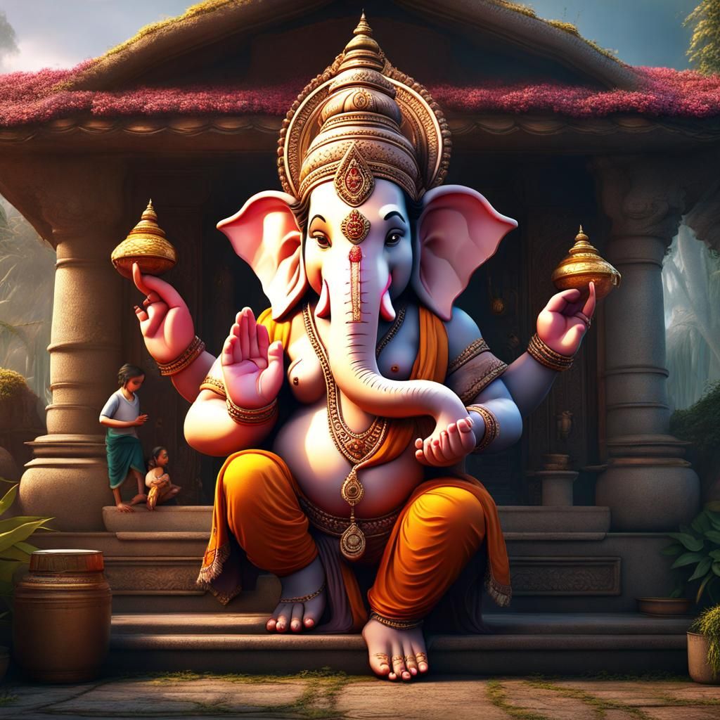 Ganesha Arrives at Family Home: Fantasy Concept Art