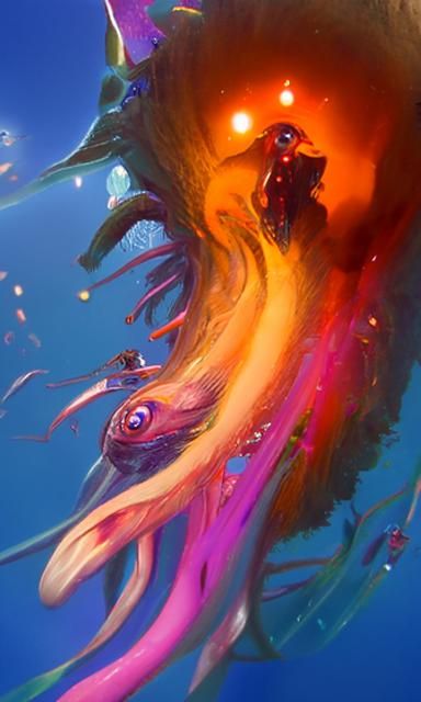 Iridescent Squid in Deep Sea Ethereal Seascape