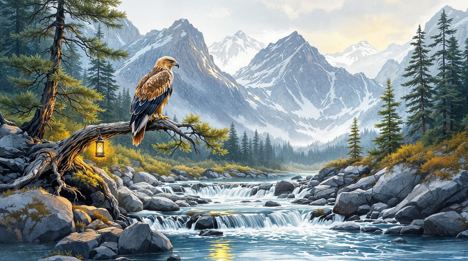 Majestic Eagle Amidst Norwegian Mountain Stream