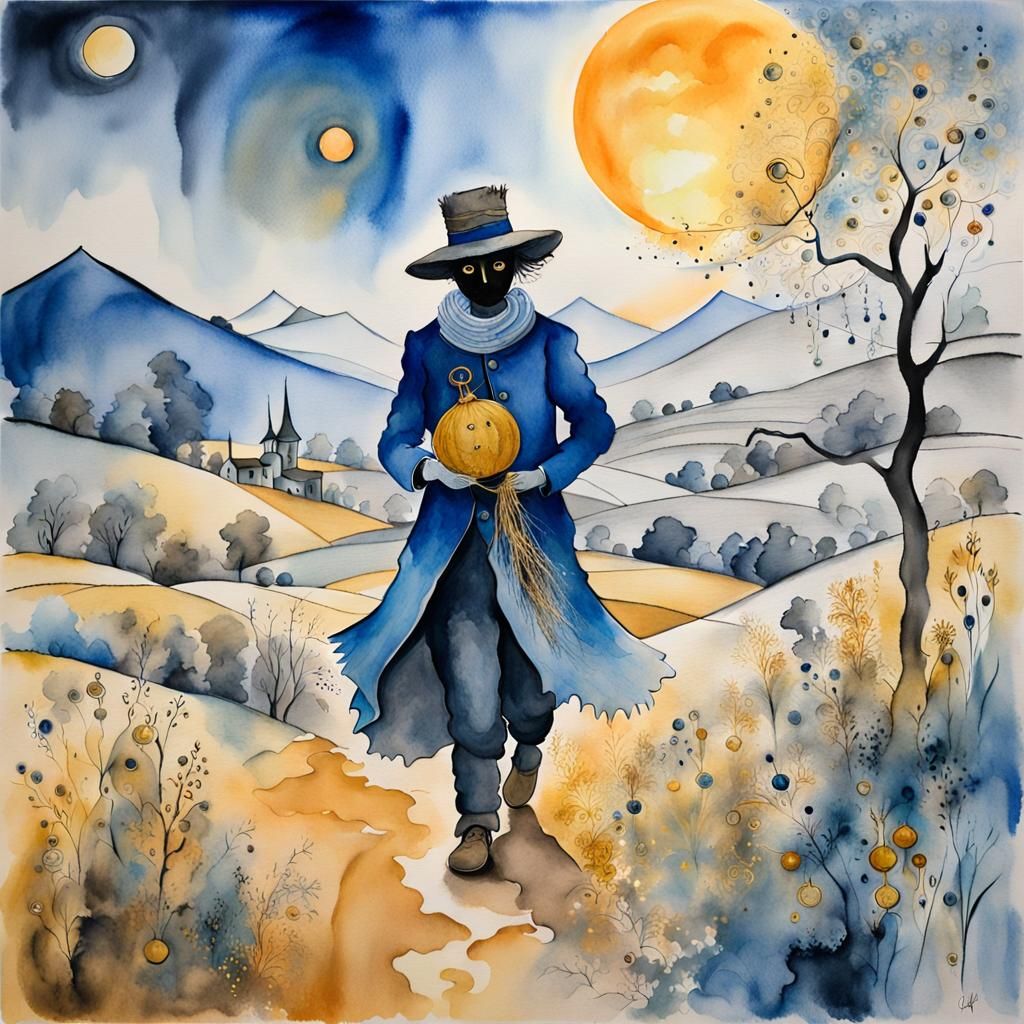 Surreal Scarecrow in Chagall Style Watercolor