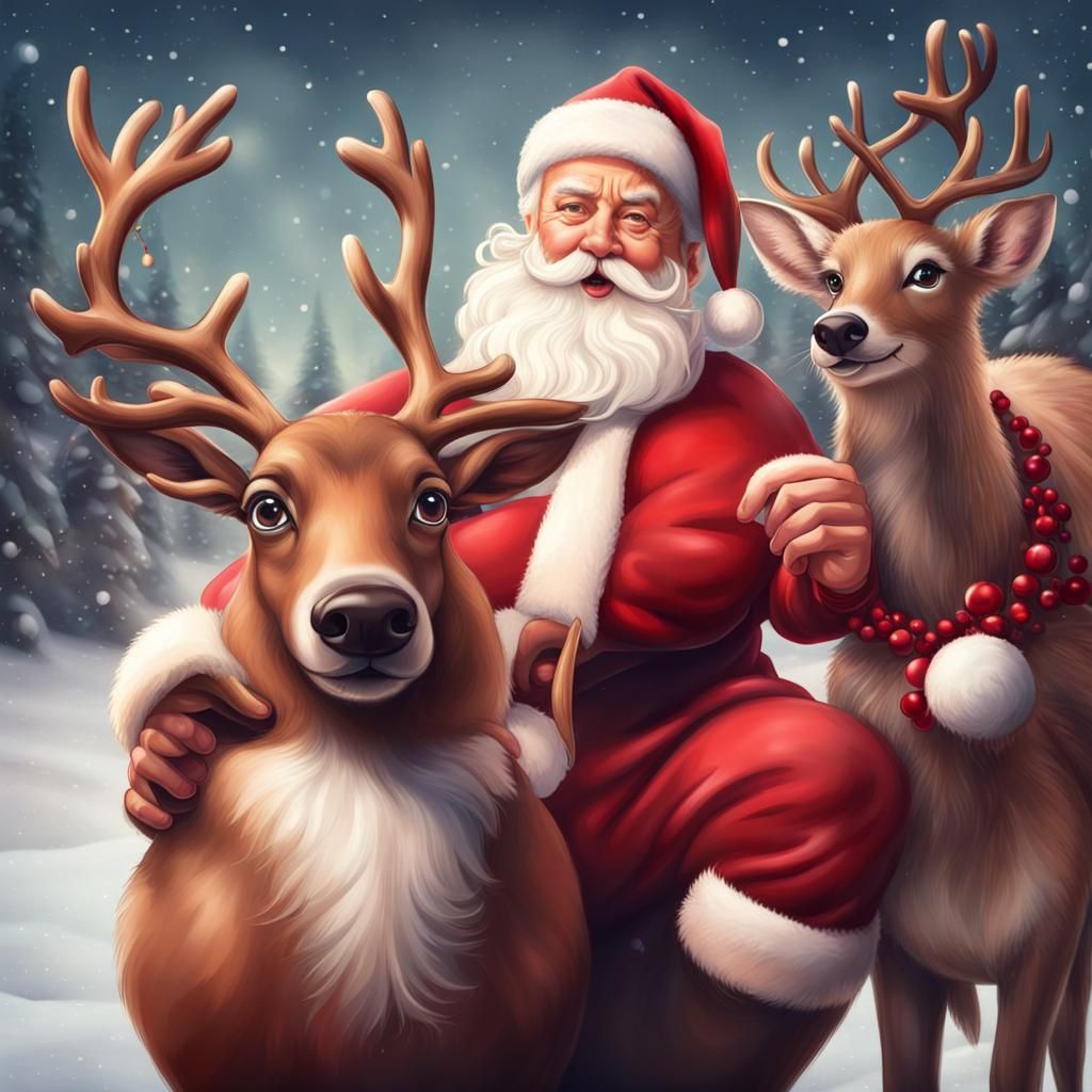 Merry Christmas Scene with Santa and Rudolph