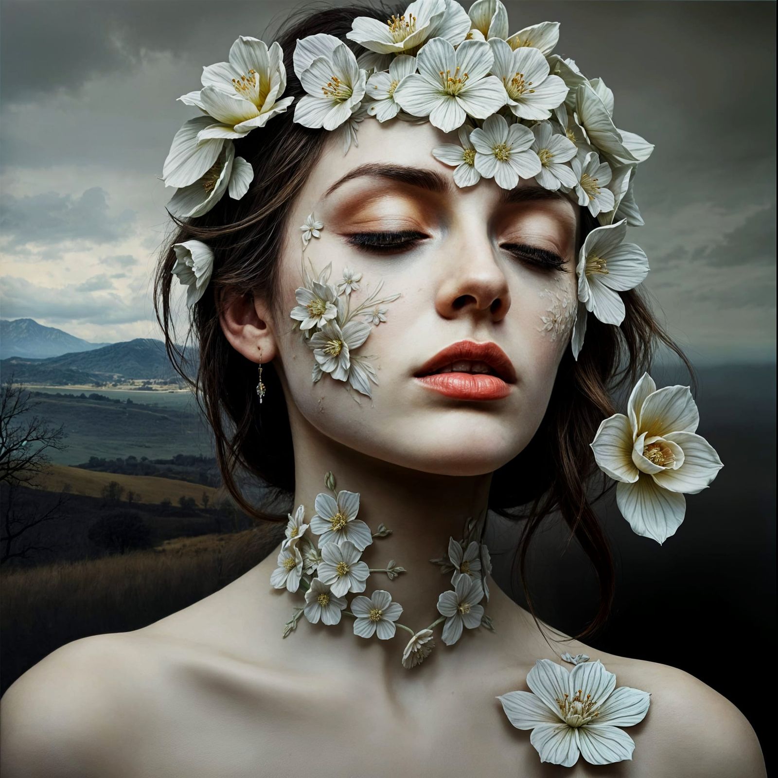 Floral portrait of a pensive woman in white 2