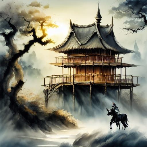 Majestic Unicorn in Ancient Ruins, Classical Oil Painting