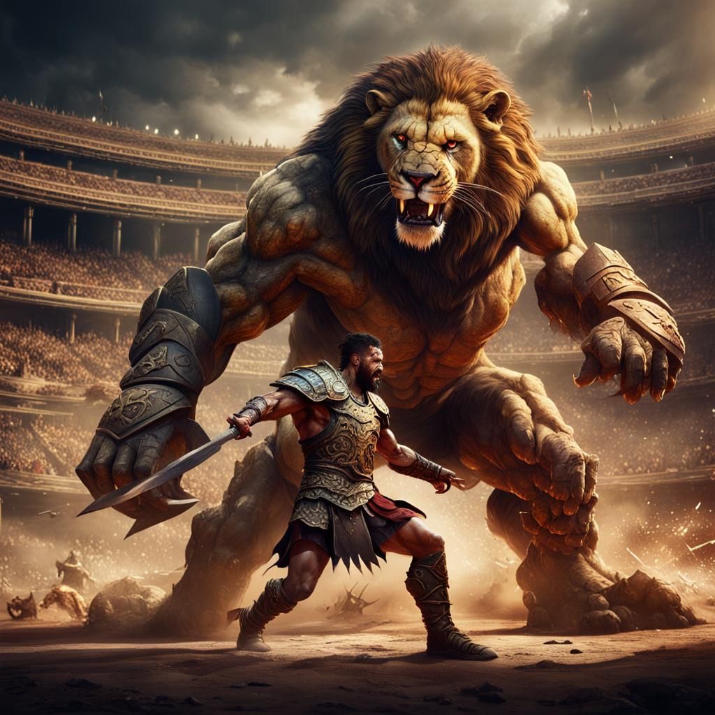 Gladiator fighting a lion monster in a coliseum.