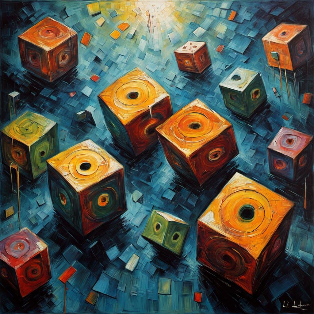 Tilted Dice in a Dreamlike Neo-Impressionist Scene