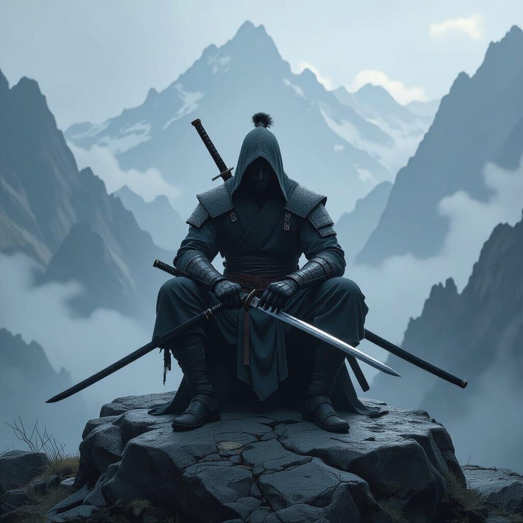 Ninja God on Mountain Stone Gripping Swords in Misty Atmosph...