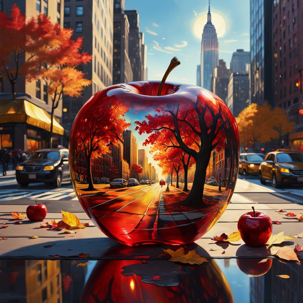 Surreal Red Glass Apple with NYC Fall Scene, Oil Painting