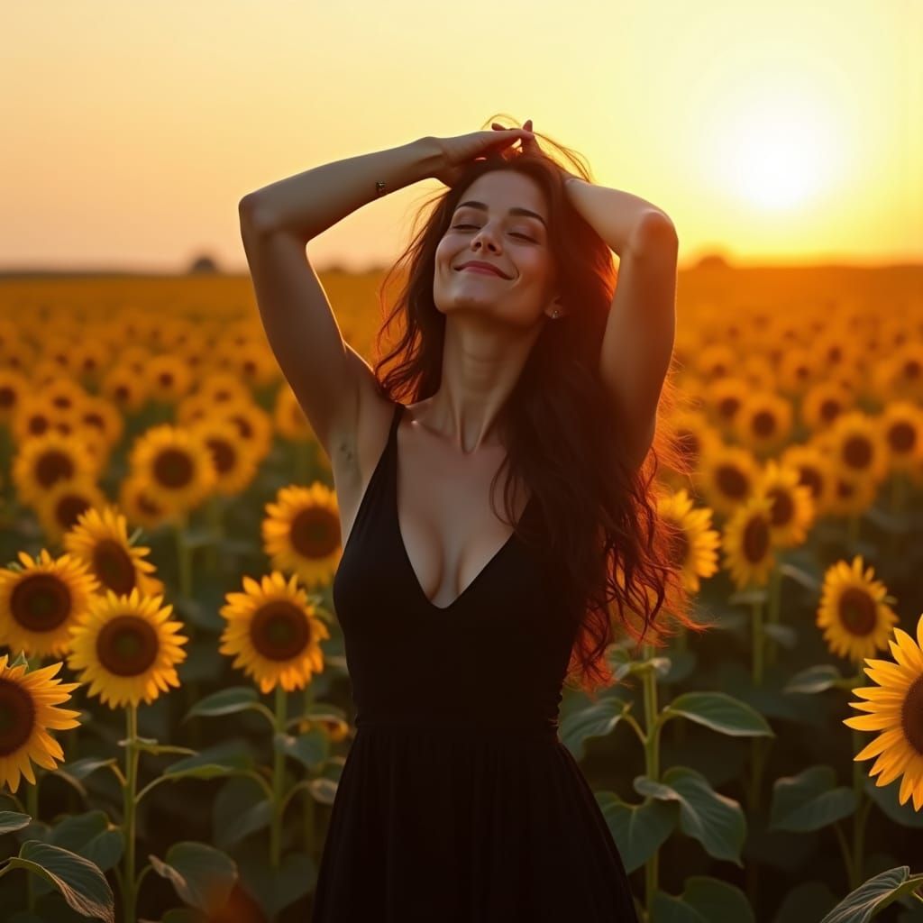 Woman in Golden Sunflower Field at Sunset