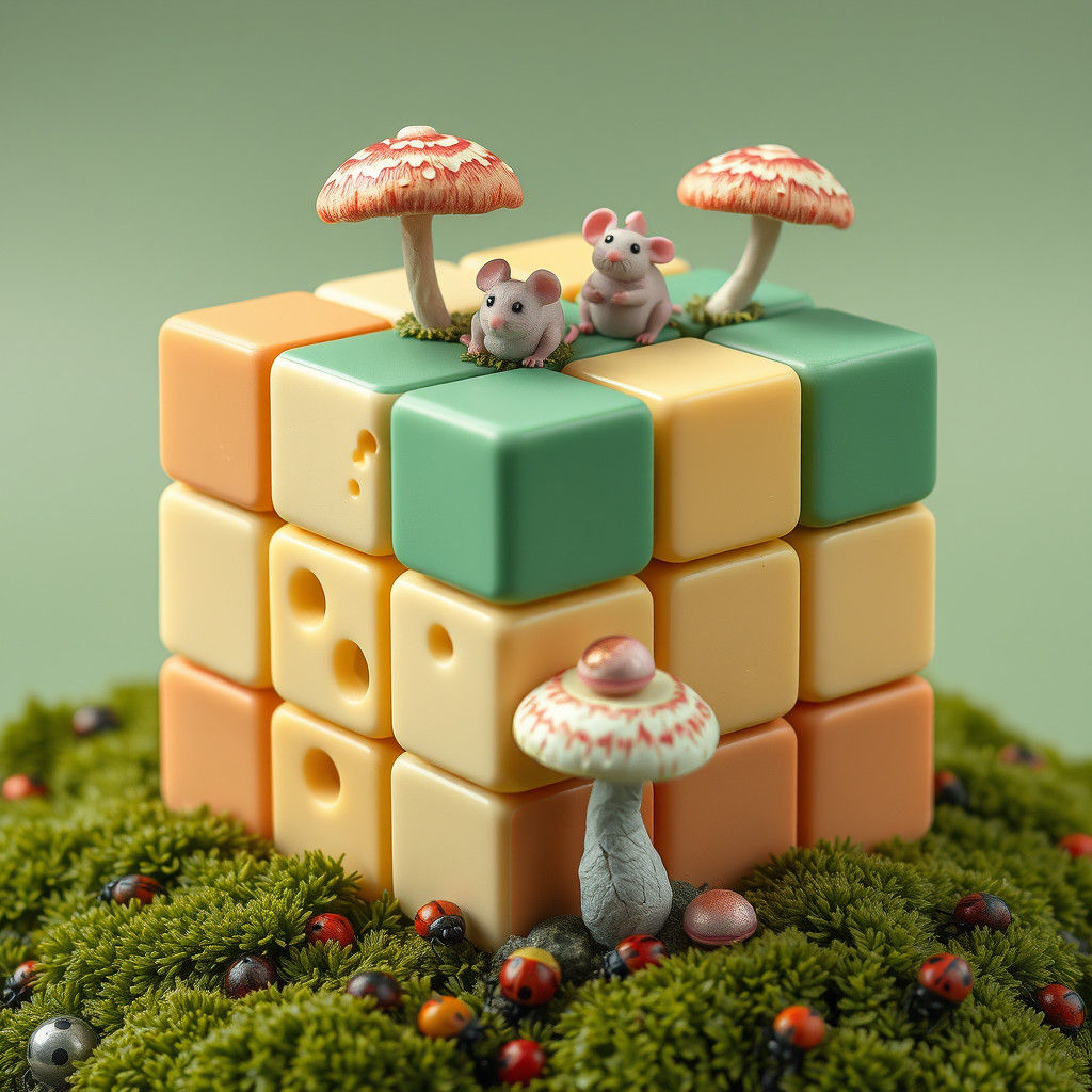 Surreal Swiss Cheese Rubik's Cube with Mice
