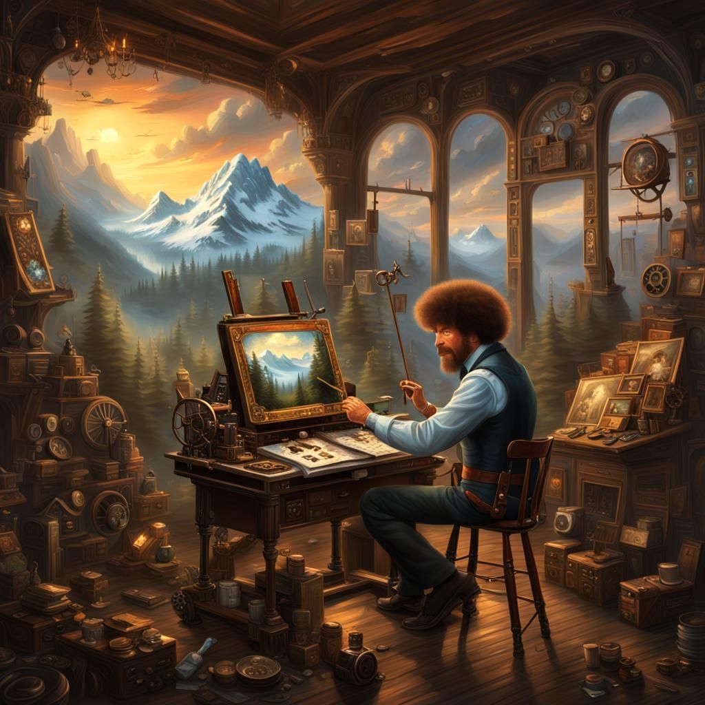 Steampunk Bob Ross Paints Himself: Digital Matte Painting