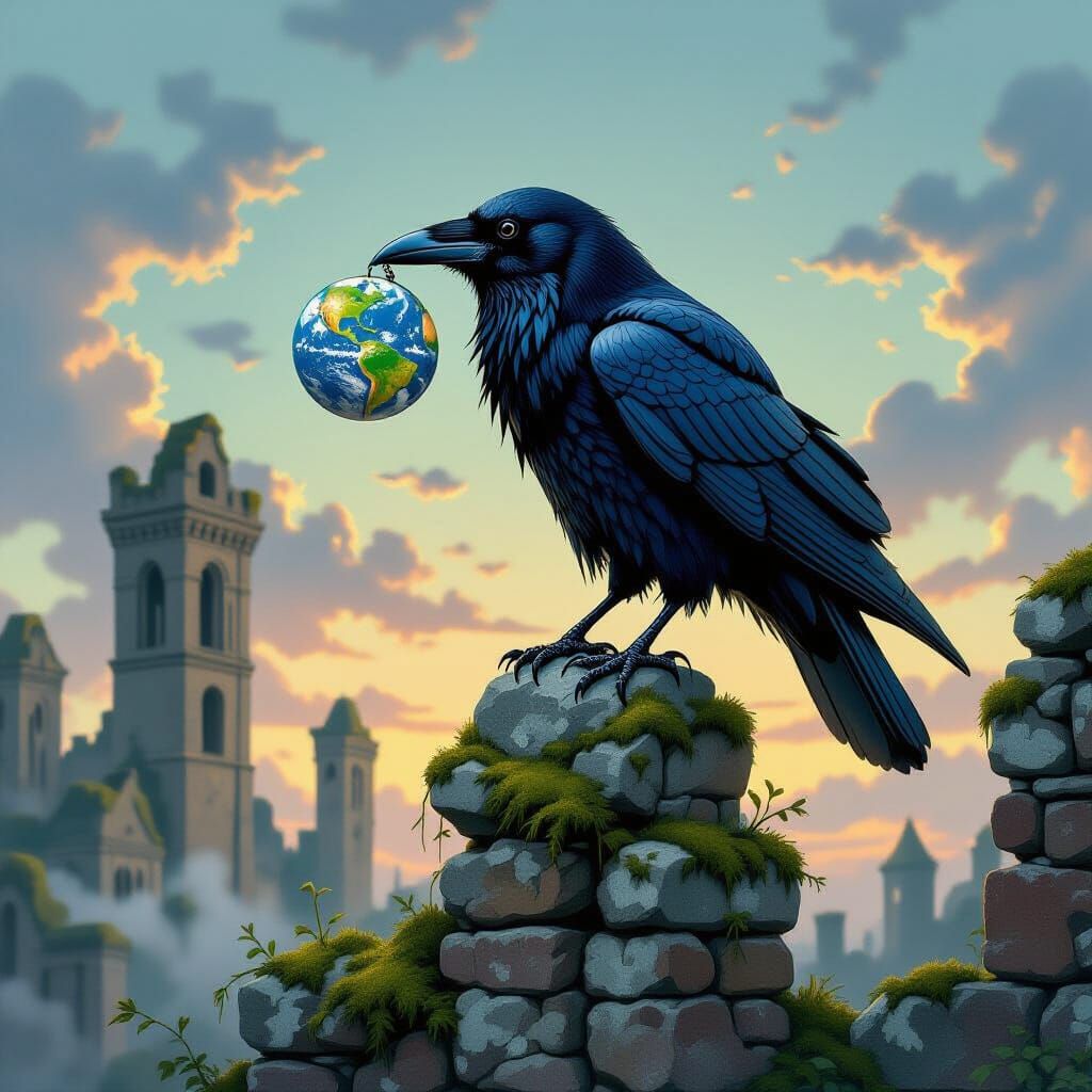 Raven Holds Earth Globe on Ruined Tower