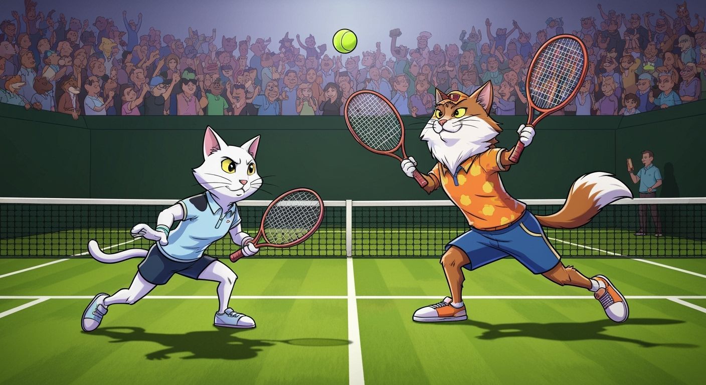 Cats Play Tennis at Wimbledon in Cartoon Style