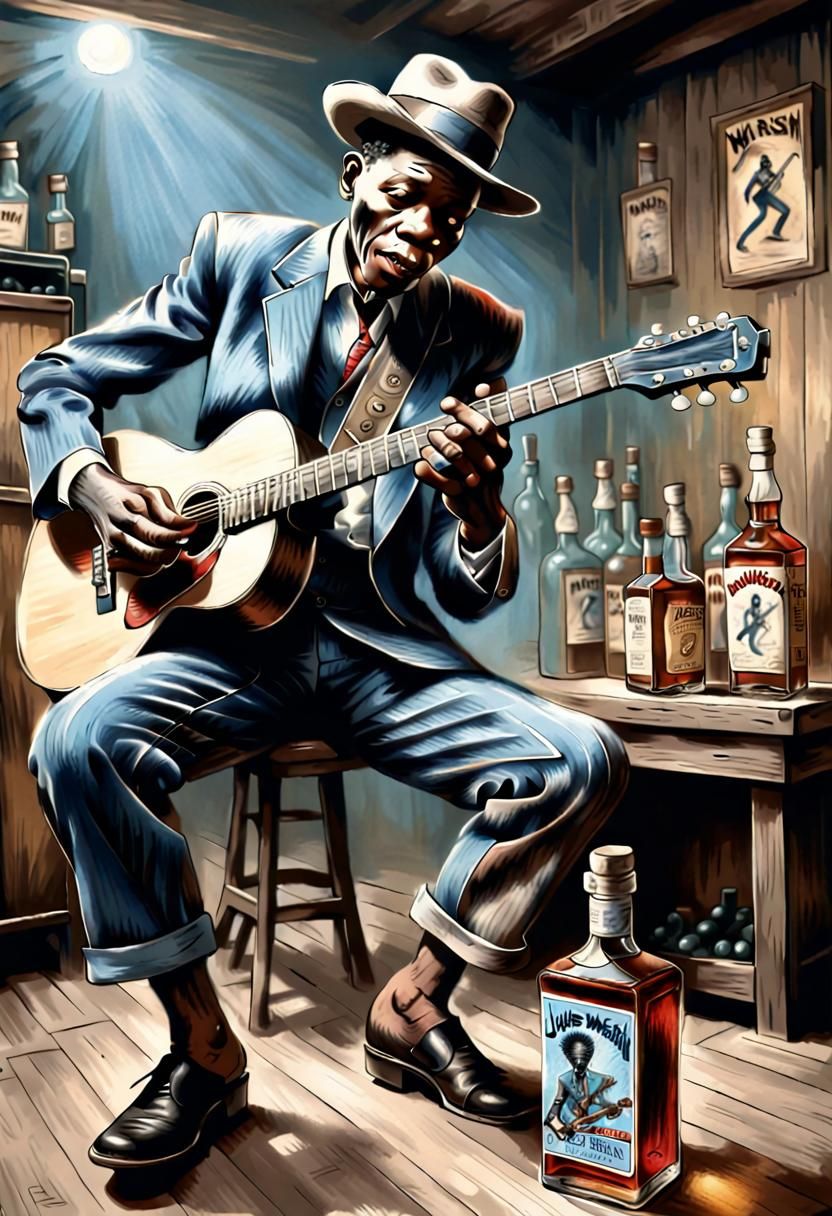 Bluesman Robert Johnson playing guitar in juke joint