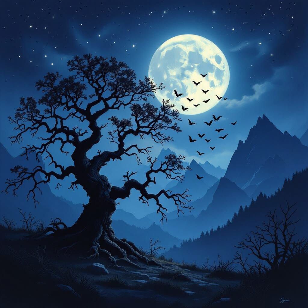 Moonlit Oak Tree Silhouette Under Bat-Filled Night Sky