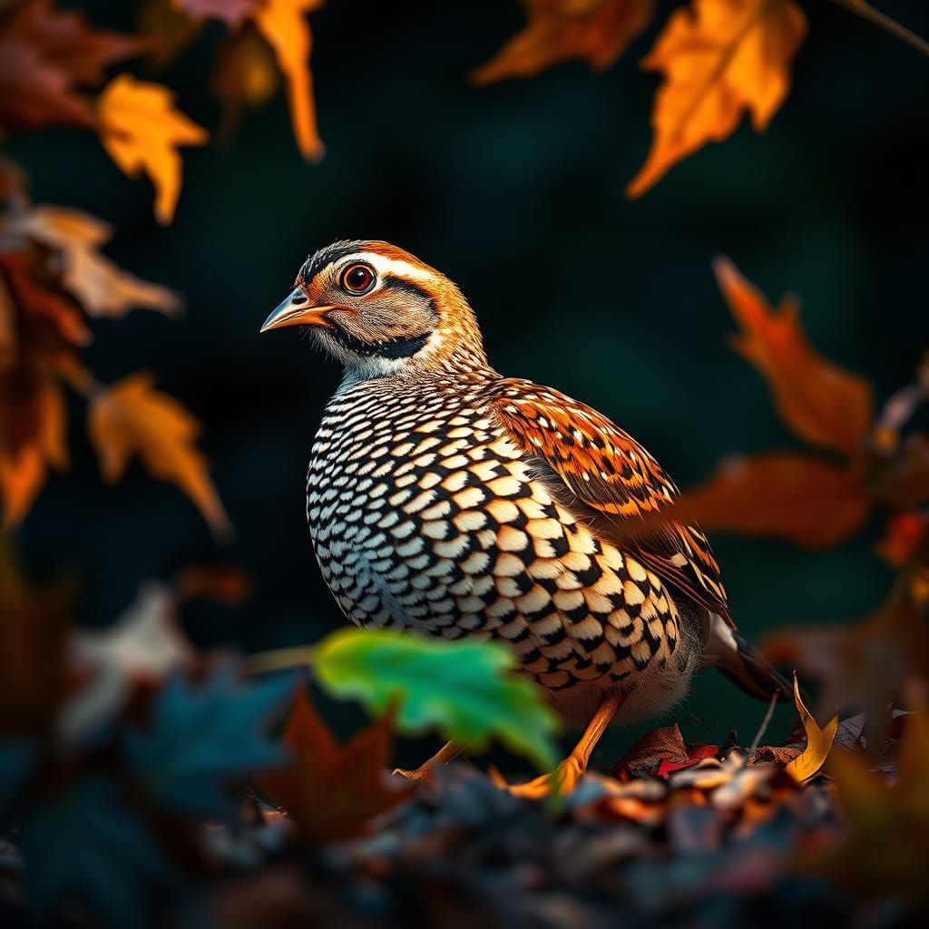 Quail in Autumn Leaves: Hyperrealistic Wildlife Art