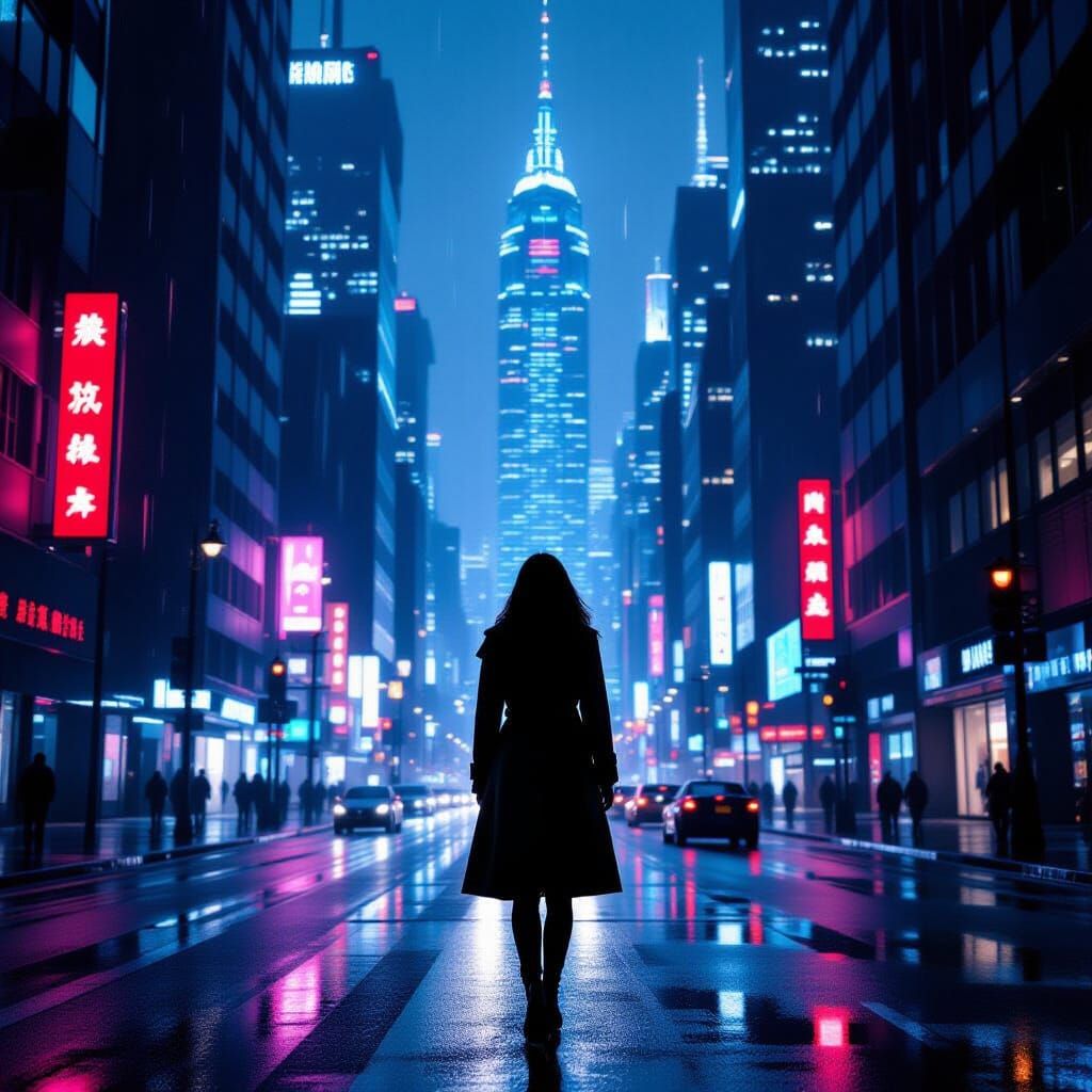 Woman on Neon Street in Futuristic City