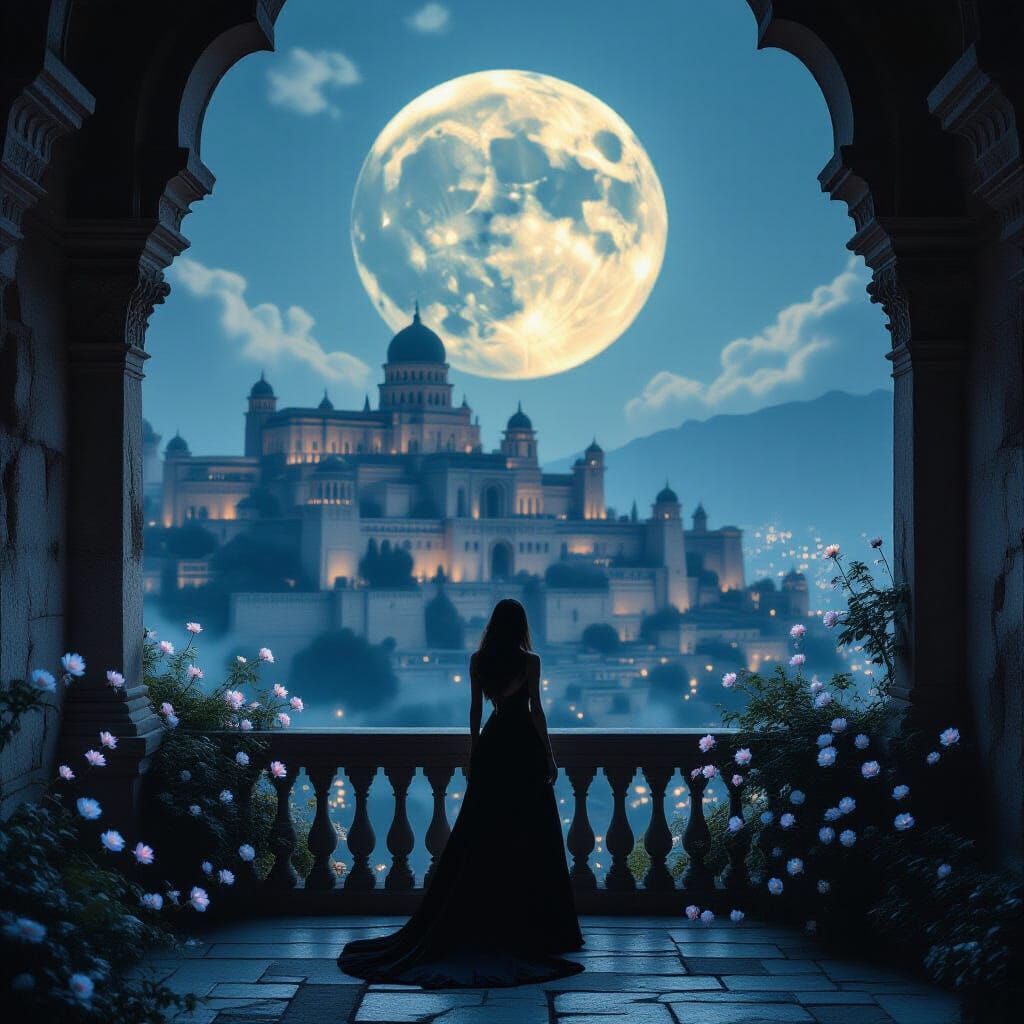 Solitary Figure Gazes at Moonlit Ancient City