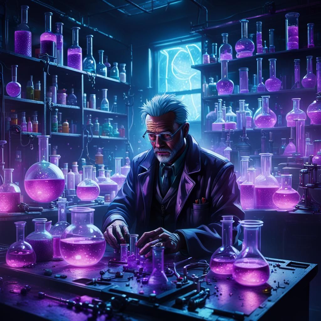 Cyberpunk Alchemist Mixing Glowing Potions in Laboratory