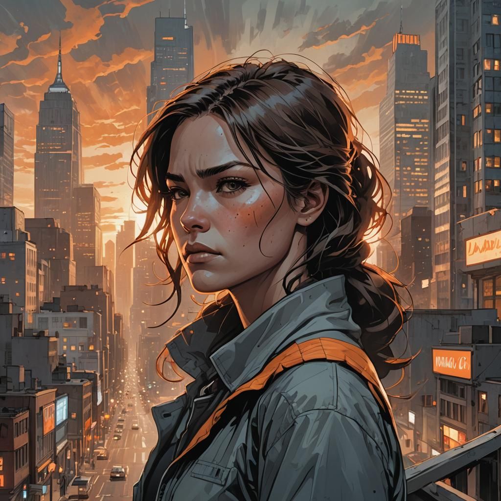 Tired Woman in Cityscape, Comic Book Art