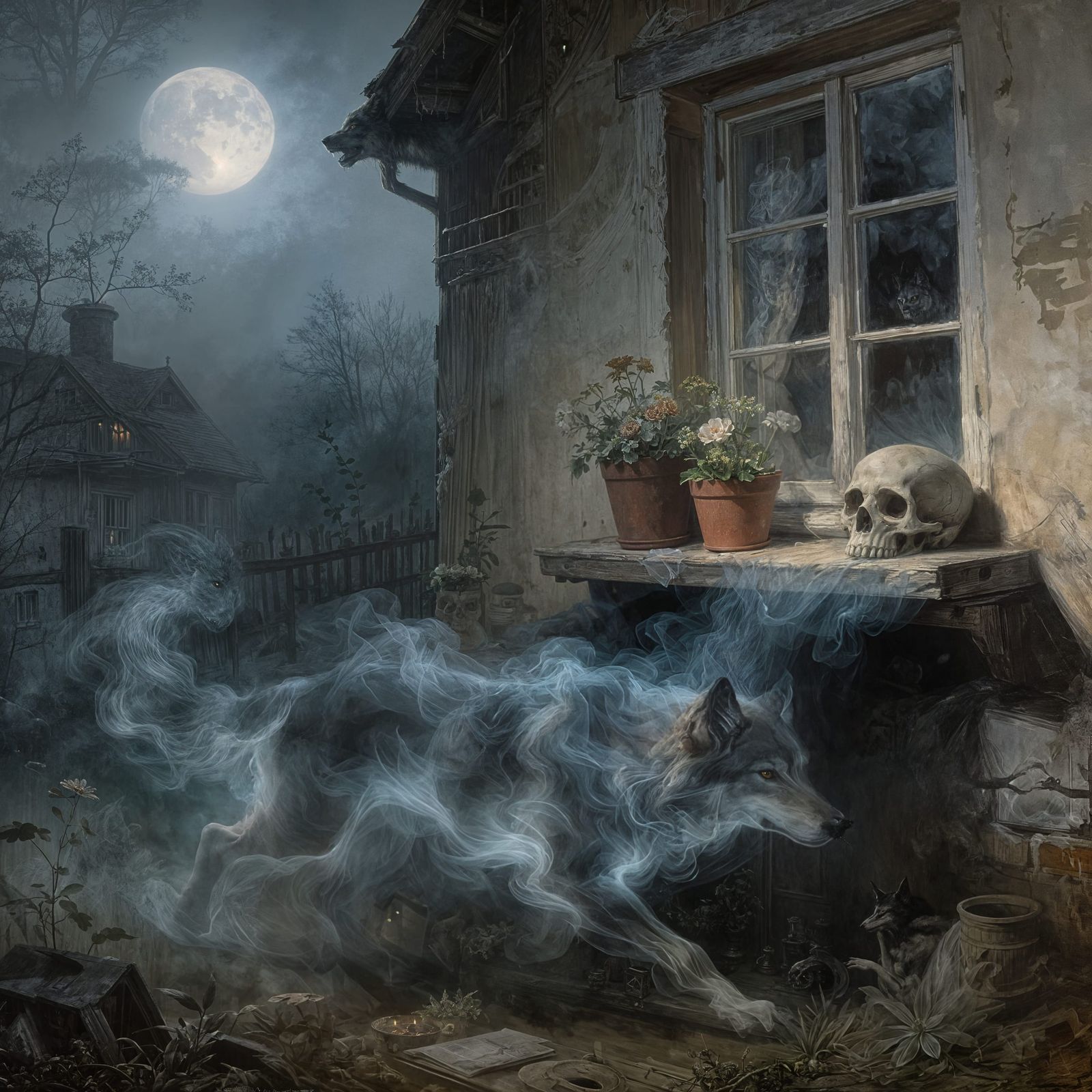 Ethereal Smoke Wolf Apparition in Moonlight