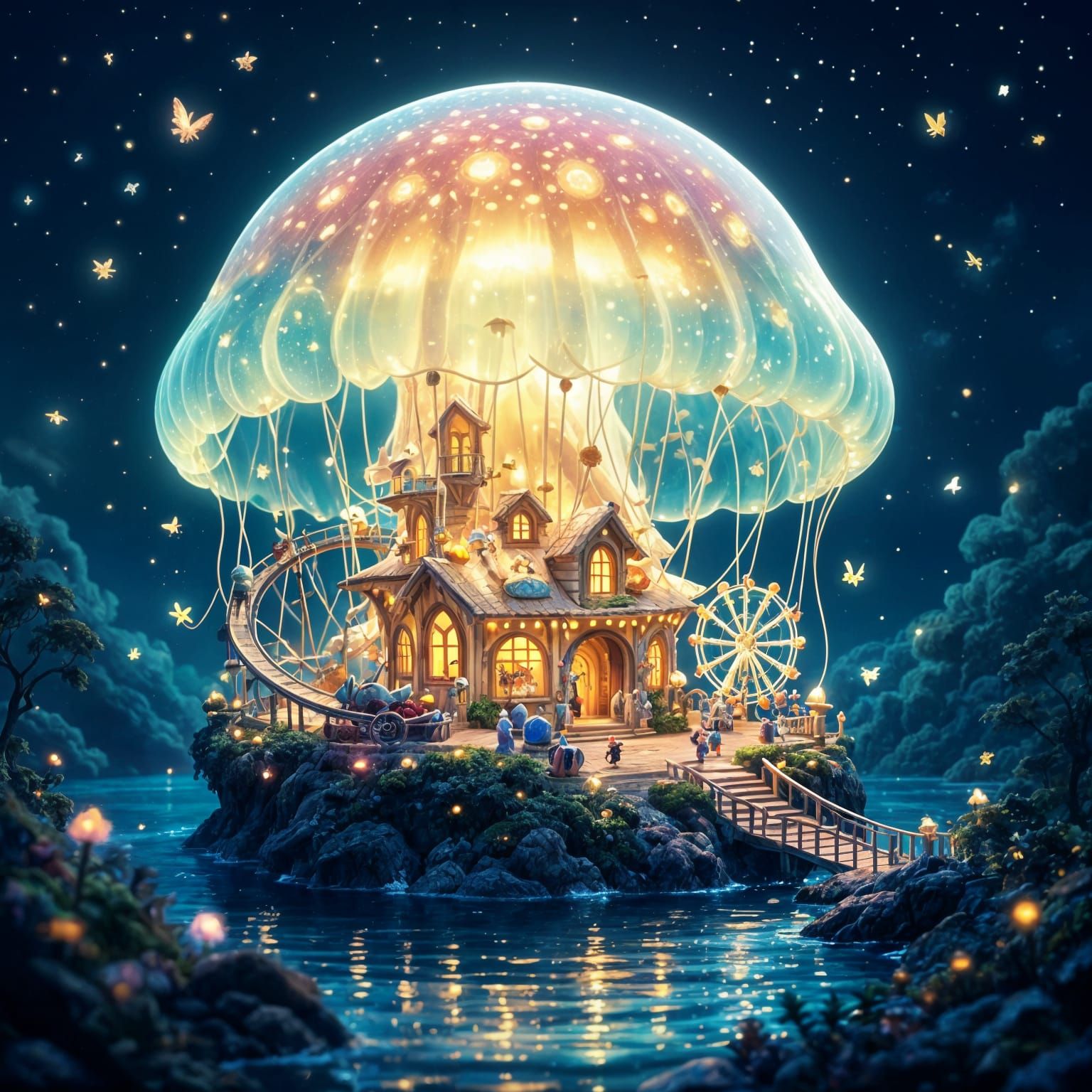 Amusement Park Inside Luminous Jellyfish, Ghibli Style