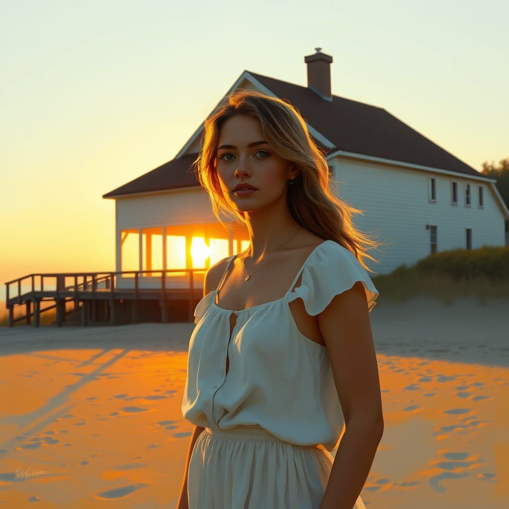 Sunset Beach Scene with Building in Soft Monet-Inspired Styl...