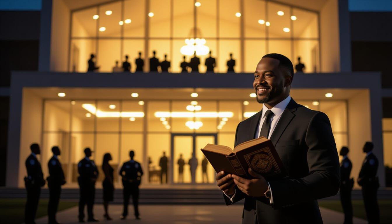 Modern African Megachurch at Night: Suspenseful Scene Unfold...