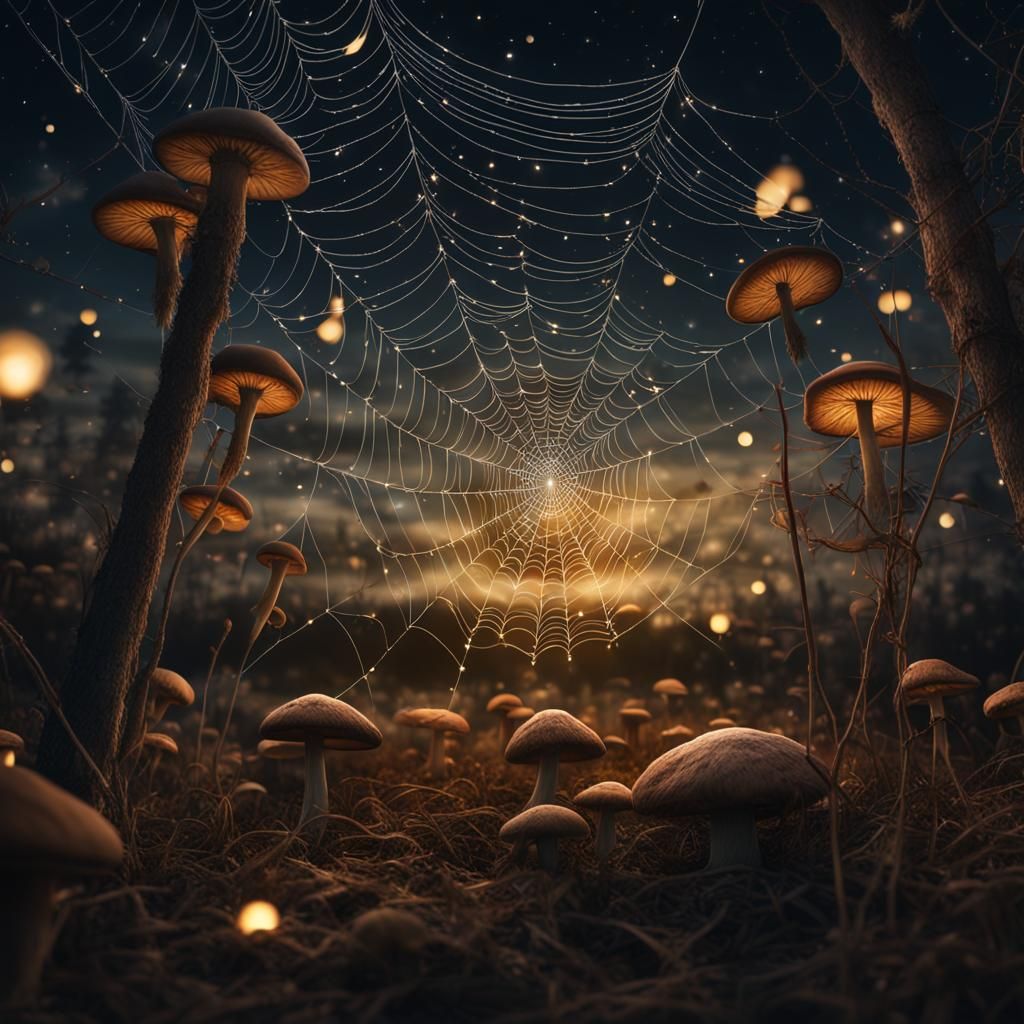Eerie Spiderwebs and Mushrooms Under Starry Night