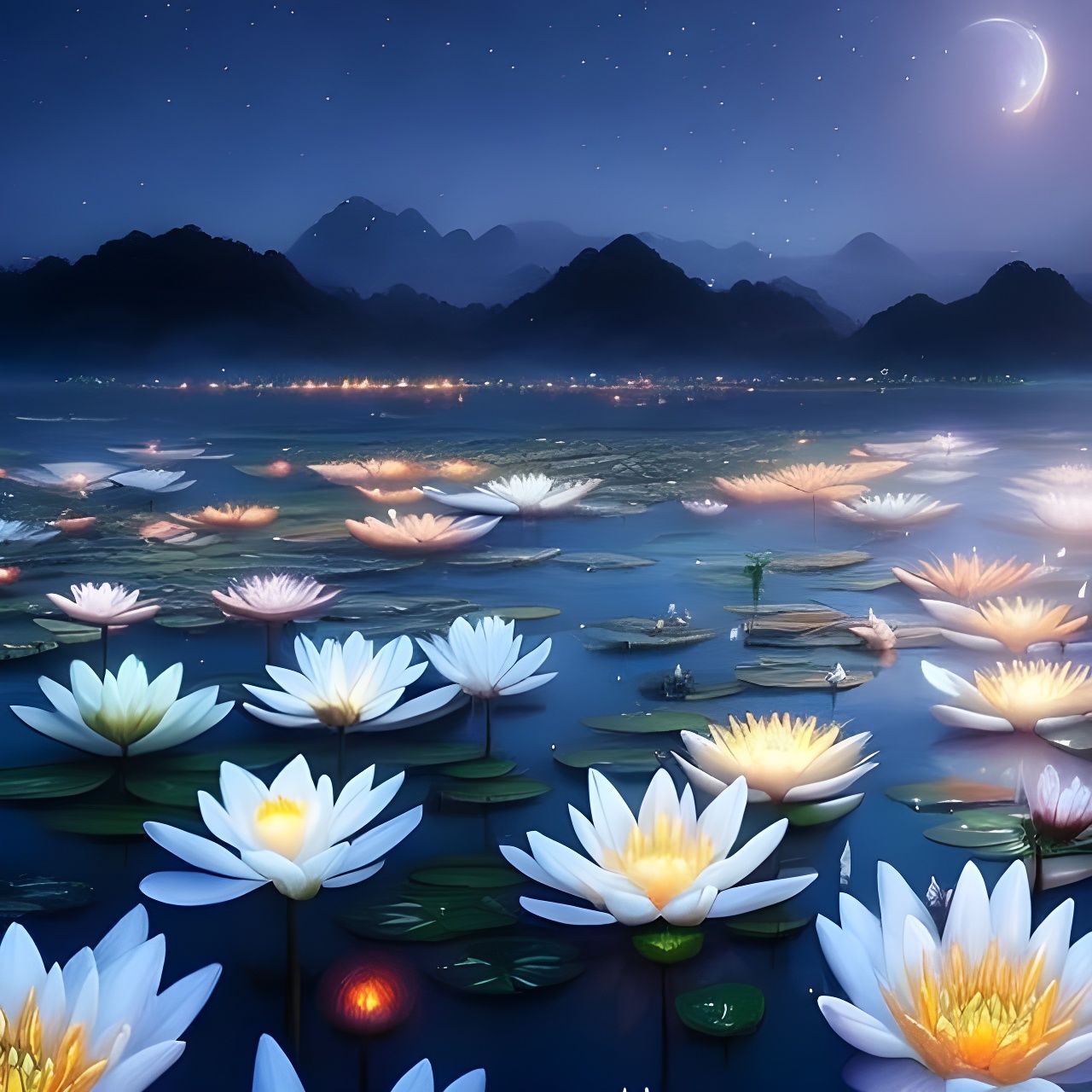 Night Sea of Water Lilies: Tilt-Shift Photorealistic Art