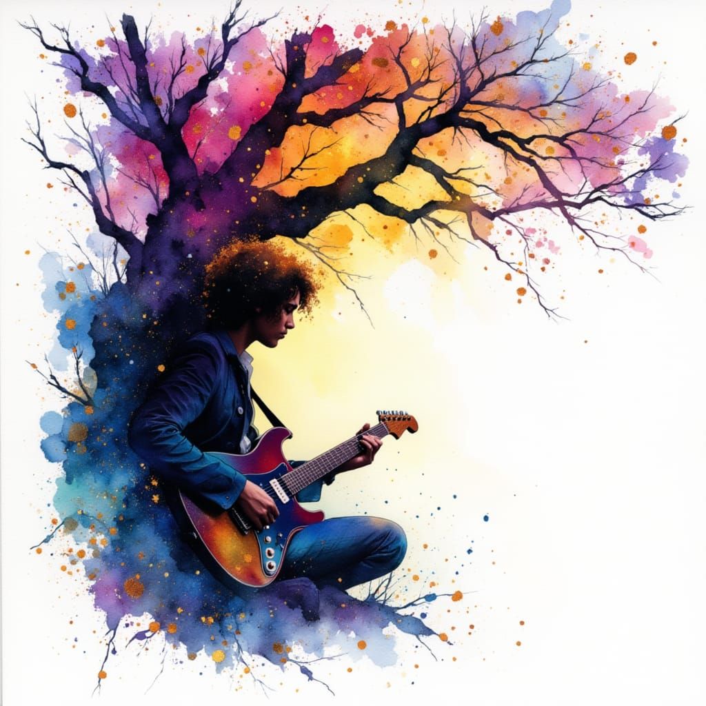 Jazz Guitarist in Spiritual Forest Twilight