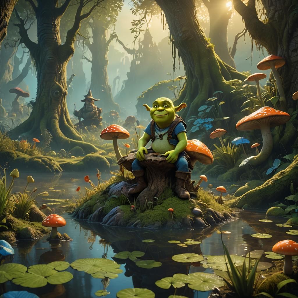 Young Shrek in Overgrown Swamp: Fantasy Art