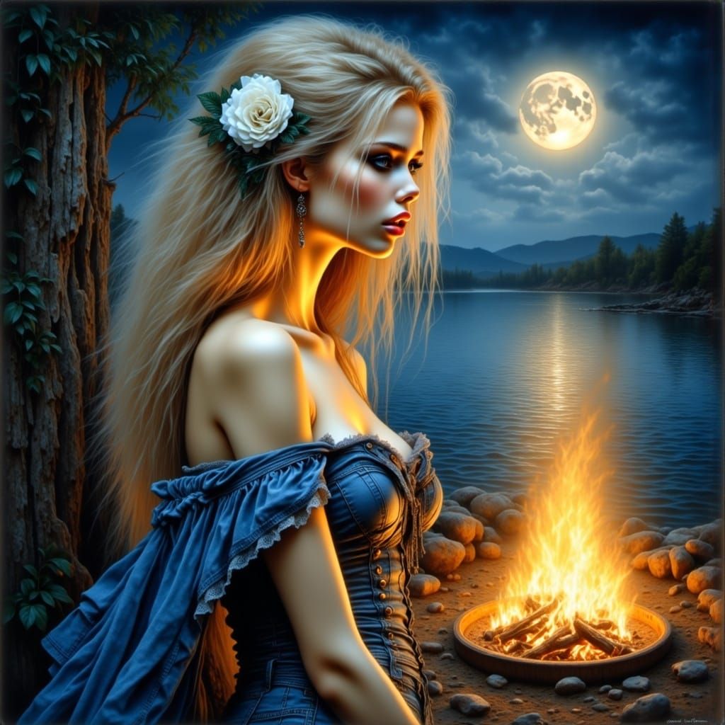 Ethereal Blonde Lady by Moonlit Lake