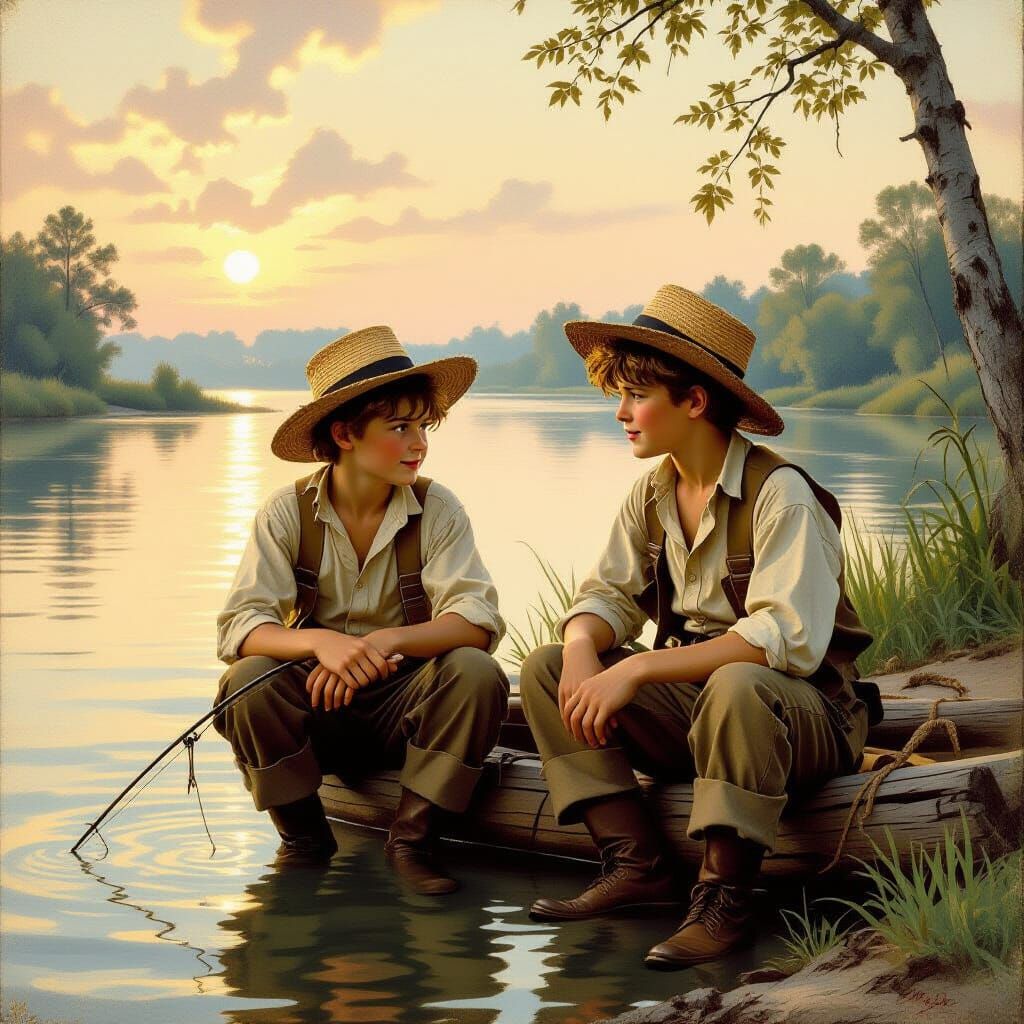 Tom Sawyer & Huckleberry Finn Fishing on Mississippi River