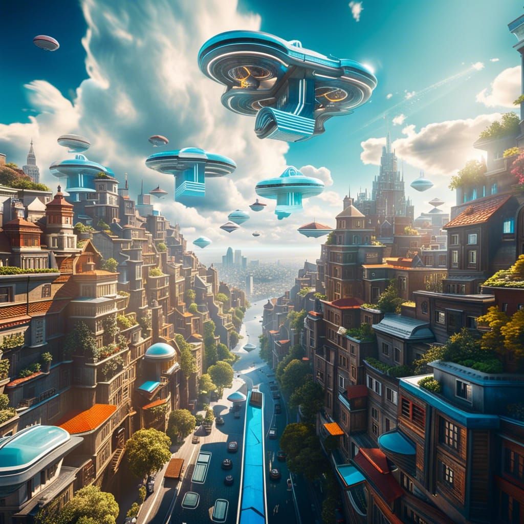 Flying City in the Clouds: Hyperrealistic Sci-Fi Scene
