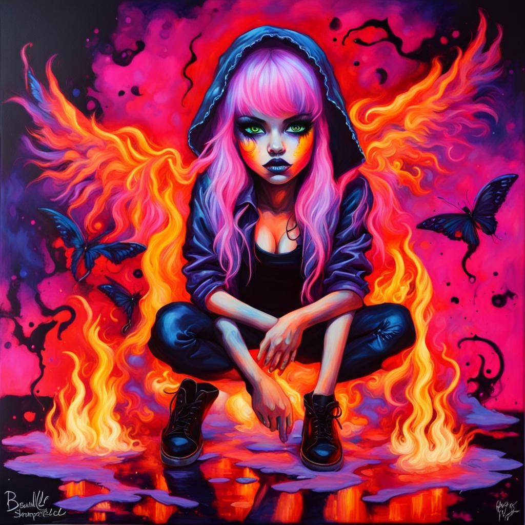 Surreal Neon Dreamscape in Bold, Blacklight Paint Style