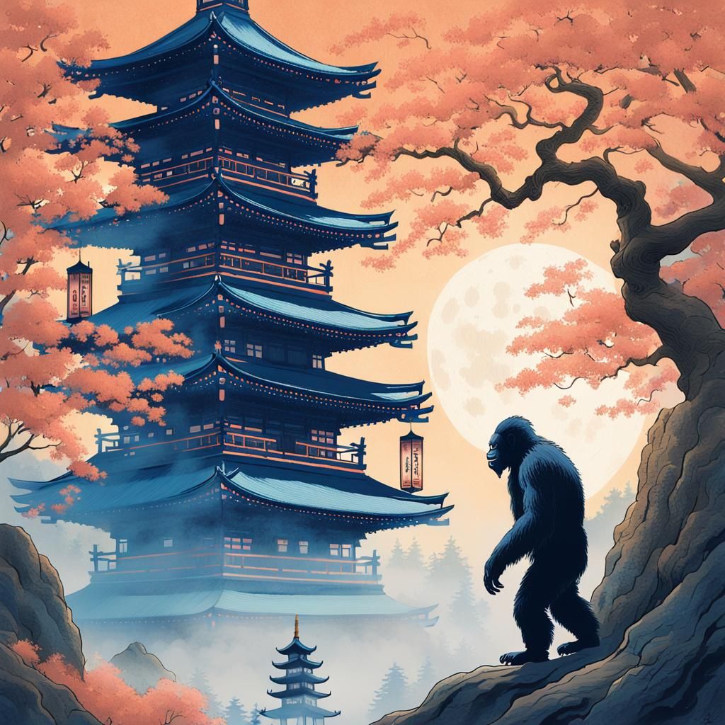 Bigfoot and Pagoda in Ukiyo-e Style