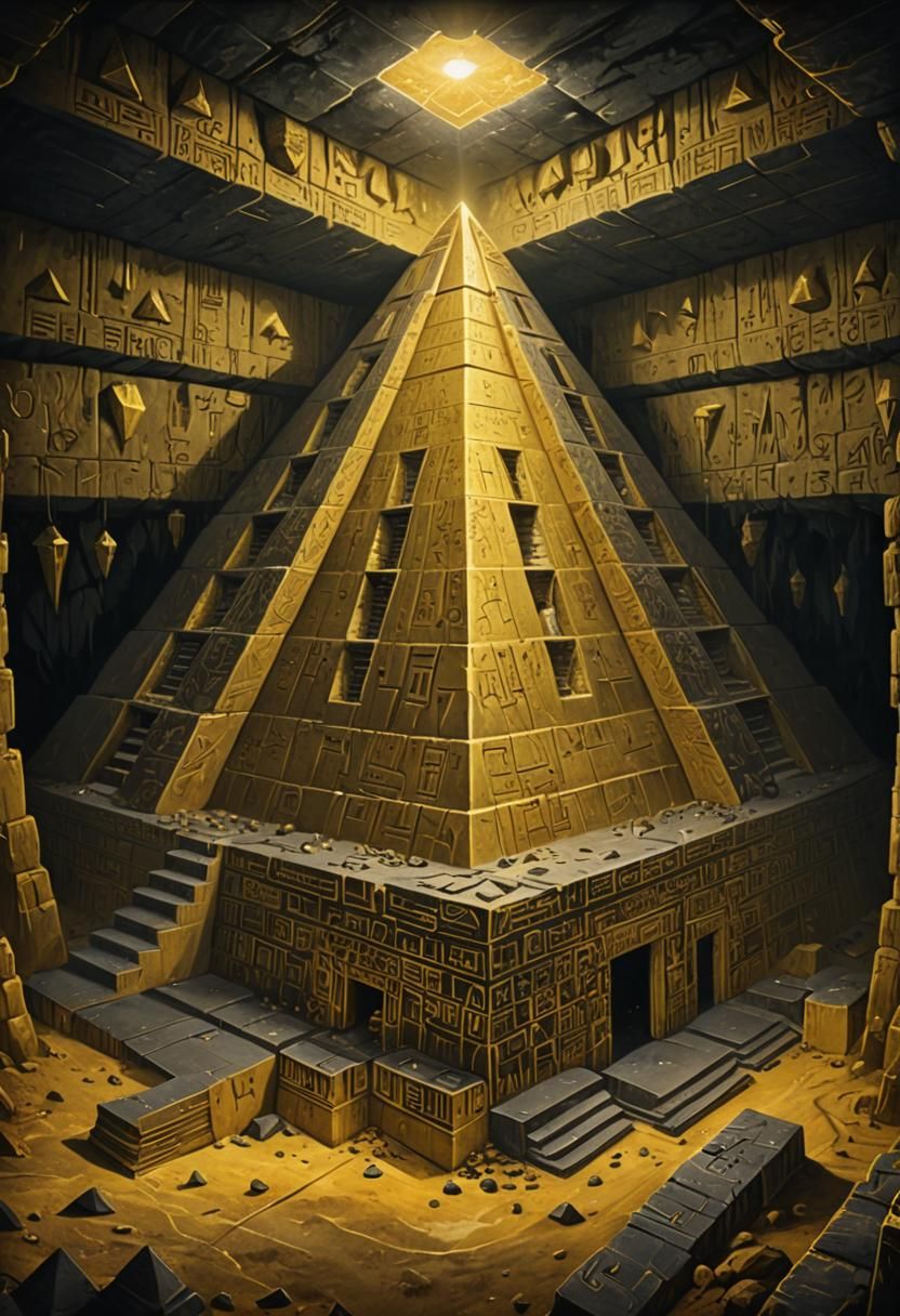 Golden Pyramid in Dark Cave with Art Deco